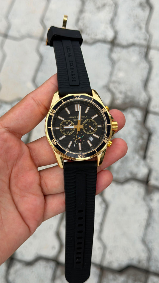 Armani Exchange Sport Chronograph Gold Tone Black Dial Black Strap Watch