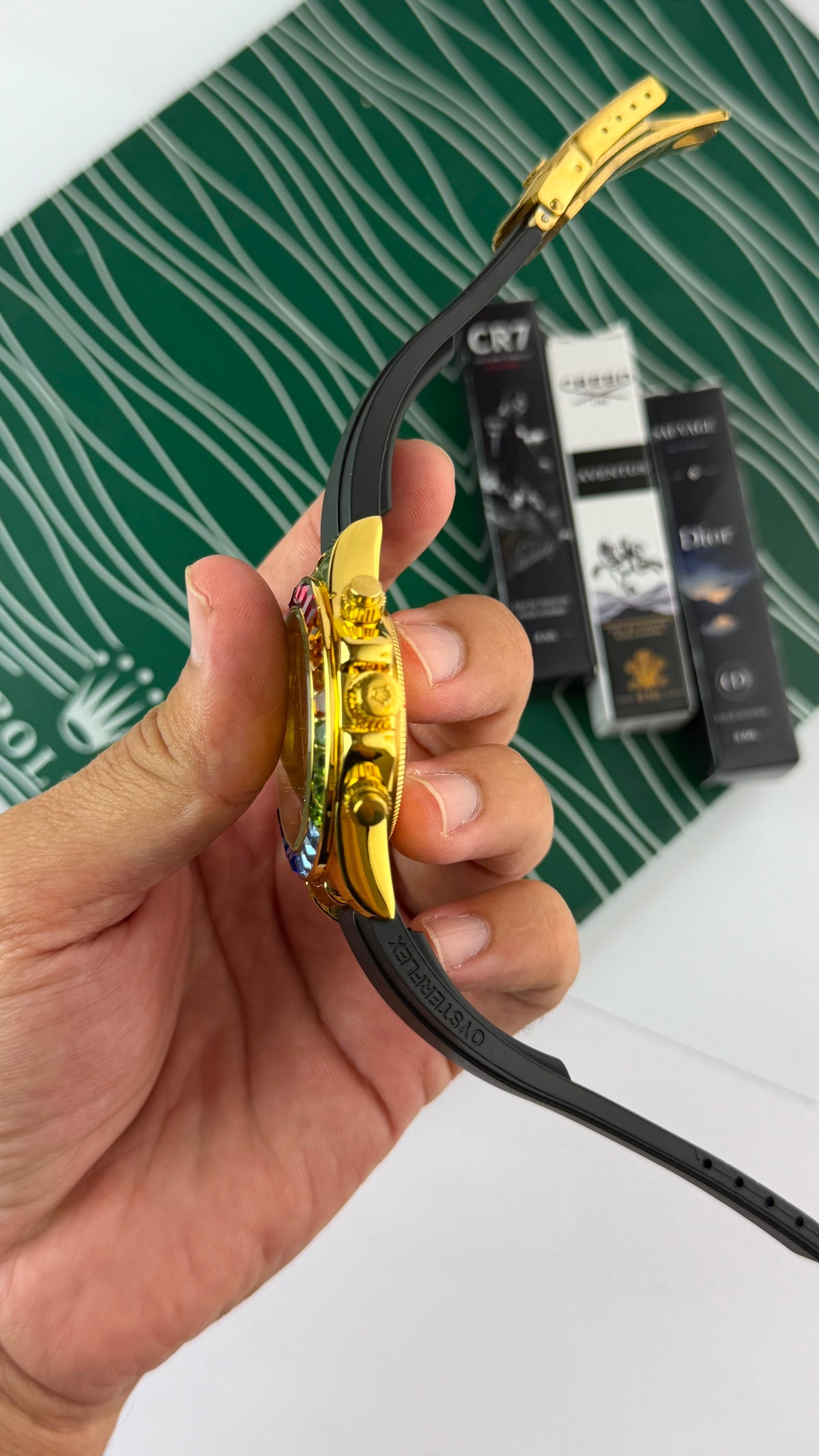 Rolex Daytona-Inspired Gold-Tone Rainbow Skeleton Chronograph Black Strap Watch for Men