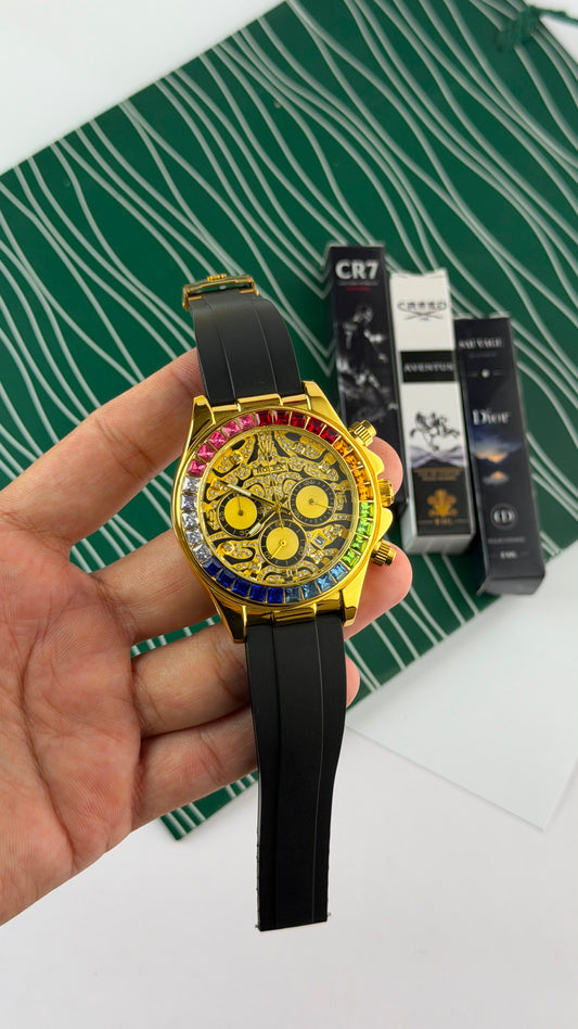 Rolex Daytona-Inspired Gold-Tone Rainbow Skeleton Chronograph Black Strap Watch for Men