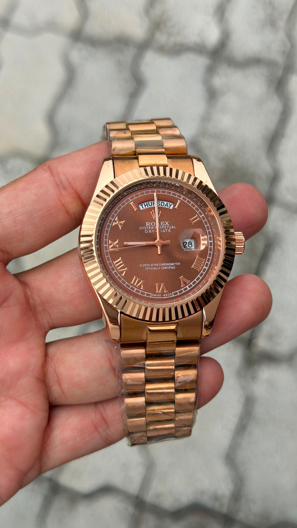 Rolex Day-Date Rose Gold-Tone Brown Dial Roman Numeral Watch