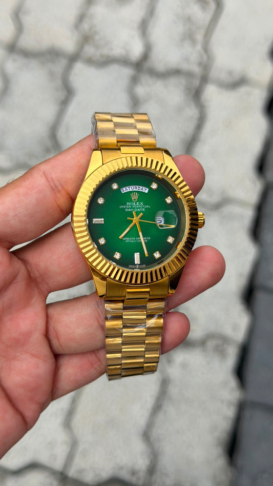 Rolex Day-Date Gold-Tone Green Dial Diamond Marker Watch for Men