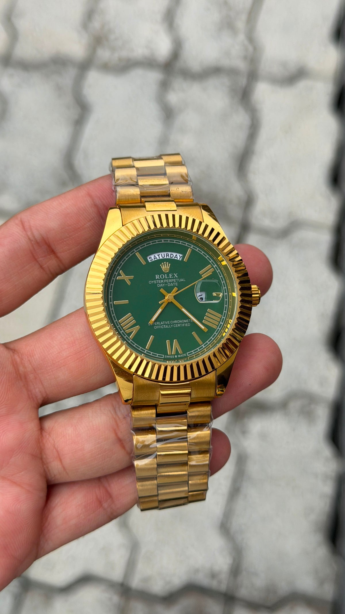 Rolex Day-Date Gold-Tone Green Dial Roman Numeral Watch for Men