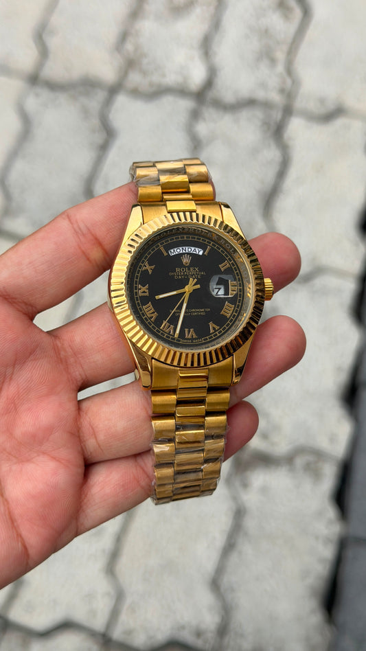 Rolex Day-Date Gold-Tone Black Dial Roman Numeral Watch for Men