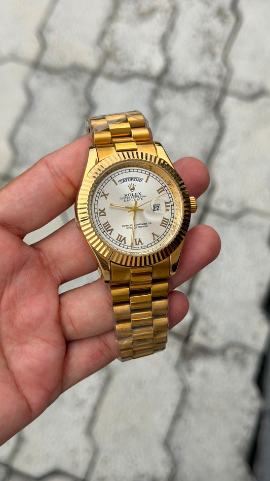 Rolex Day-Date Gold-Tone White Dial Roman Numeral Watch for Men