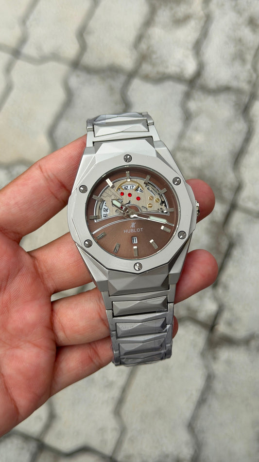 Hublot Big Bang Integrated Silver-Tone Brown Skeleton Dial Watch