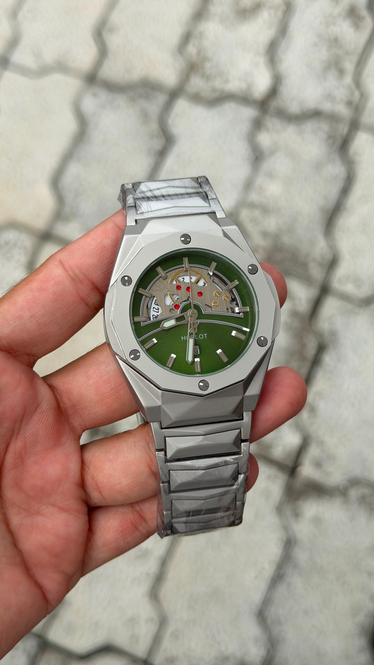 Hublot Big Bang Integrated Silver-Tone Green Skeleton Dial Watch