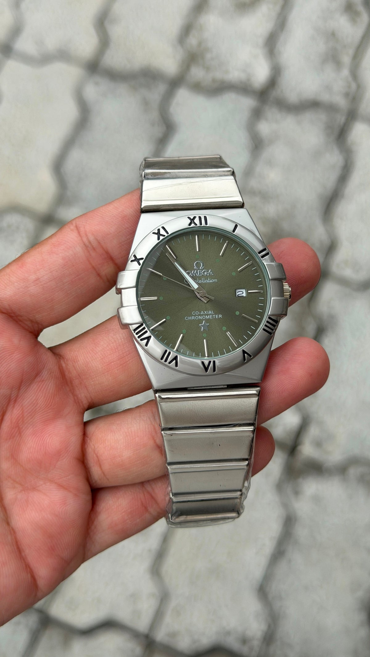 Omega Constellation Silver-Tone Olive Green Dial Roman Numeral Watch
