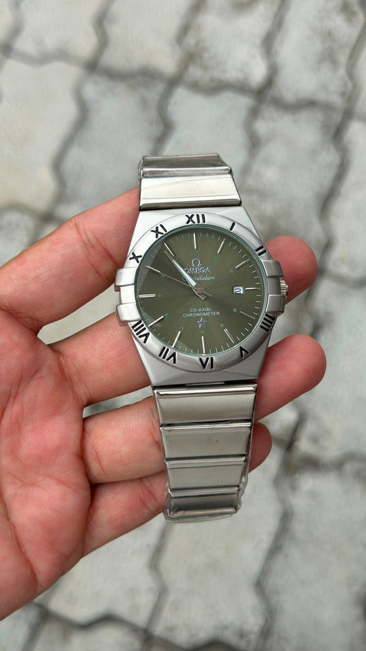 Omega Constellation Silver-Tone Olive Green Dial Roman Numeral Watch