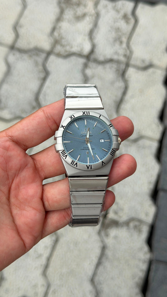 Omega Constellation Silver-Tone Slate Blue Dial Roman Numeral Watch