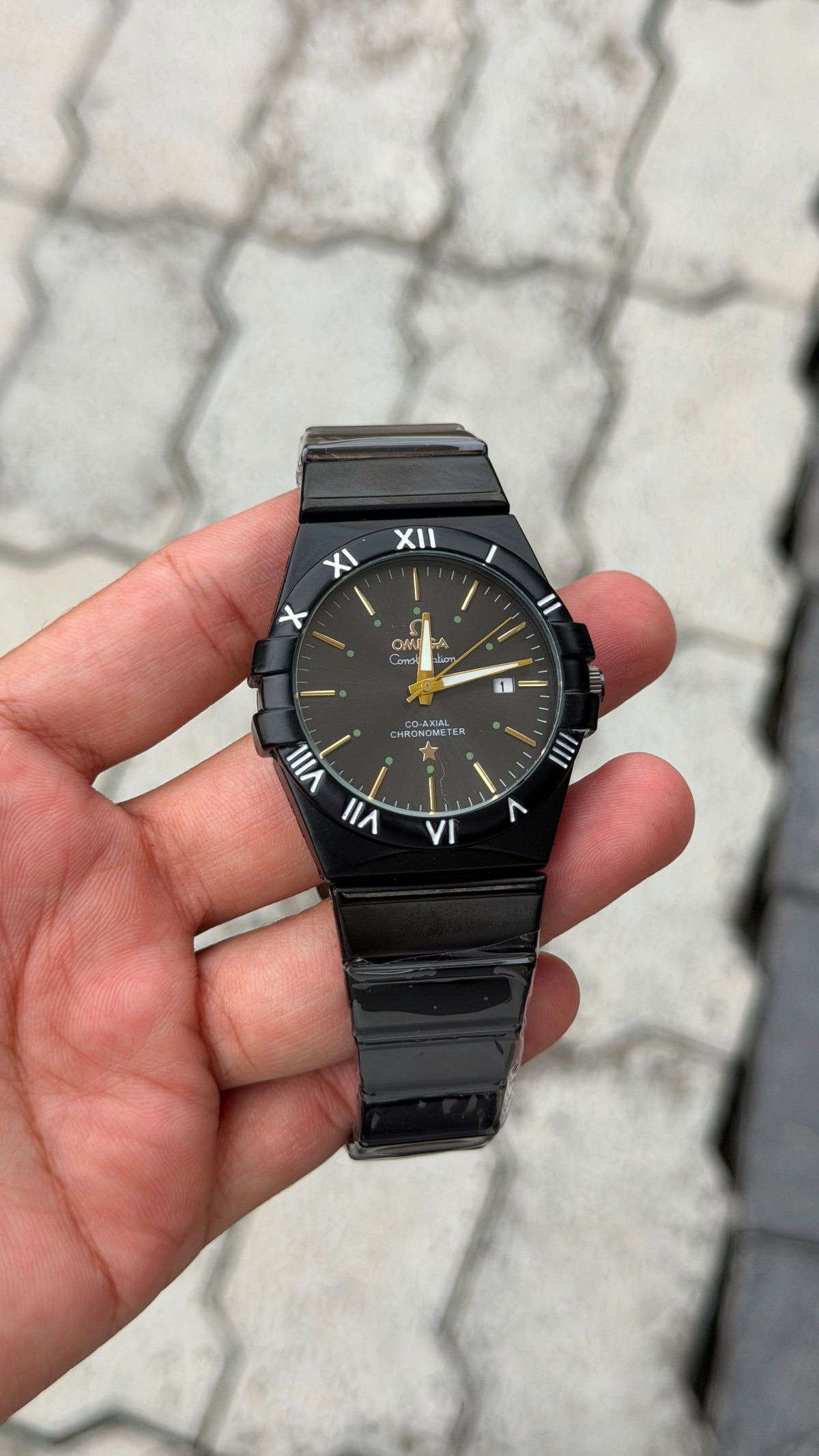 Omega Constellation Black Dial Gold Markers Black Watch