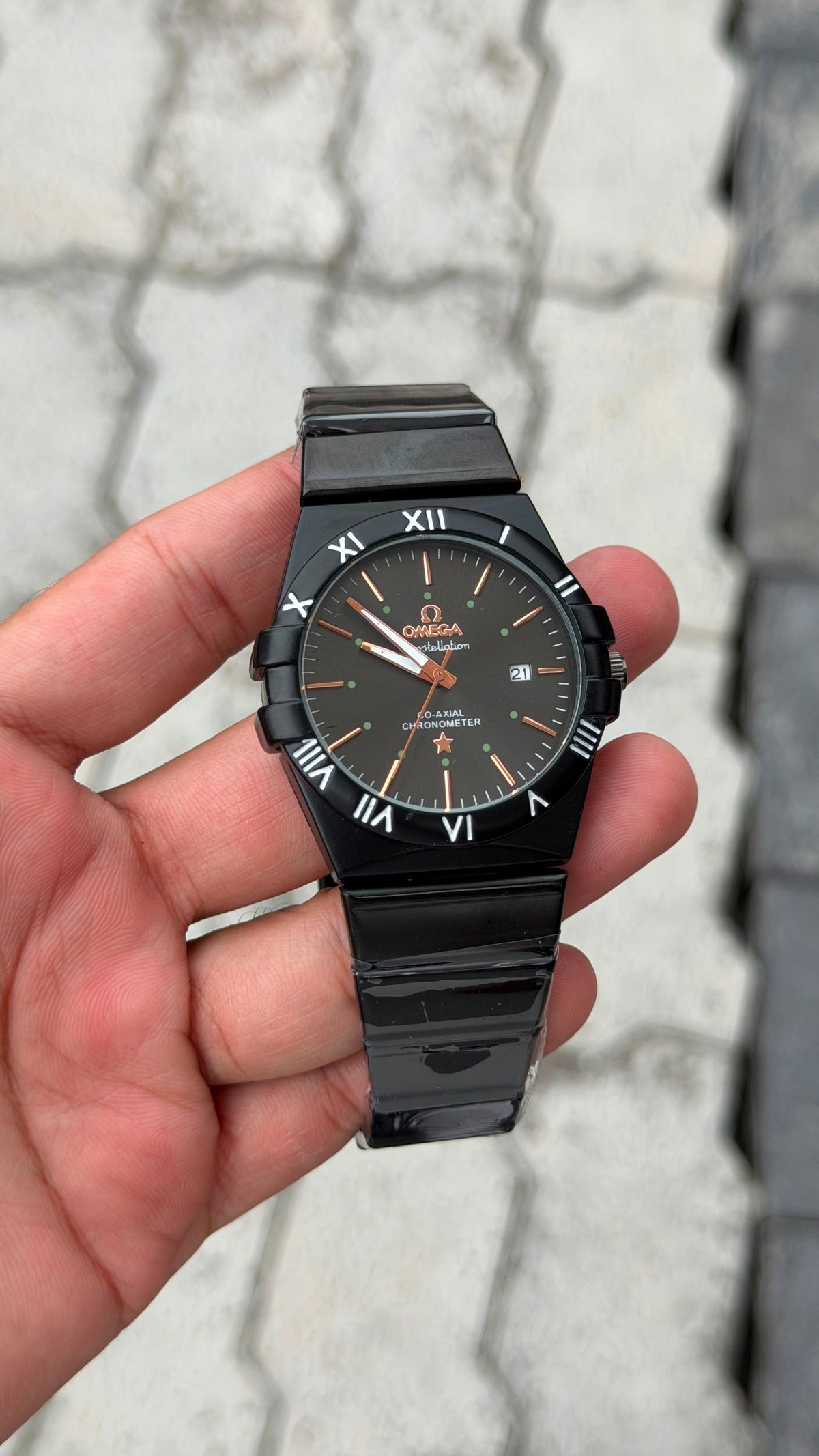 Omega Constellation Black Dial Rose Gold Markers Black Watch