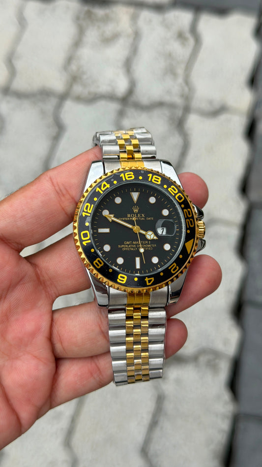 Rolex GMT-Master II Black Dial Black & Gold Bezel Two-Tone Bracelet Watch