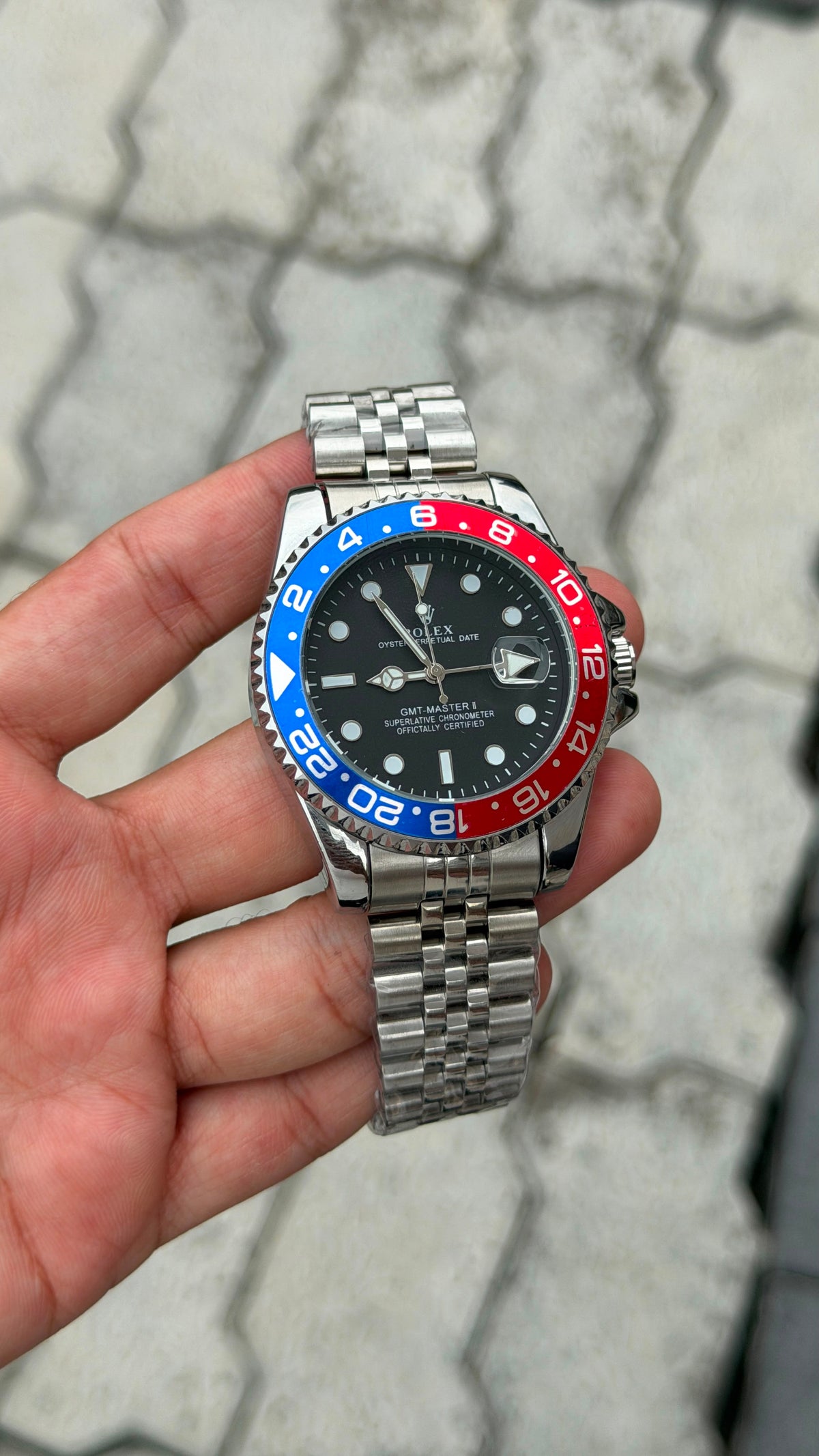 Rolex GMT-Master II Black Dial Red & Blue Bezel Silver Bracelet Watch