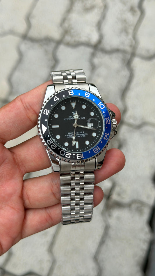 Rolex GMT-Master II Black Dial Black & Blue Bezel Silver Bracelet Watch