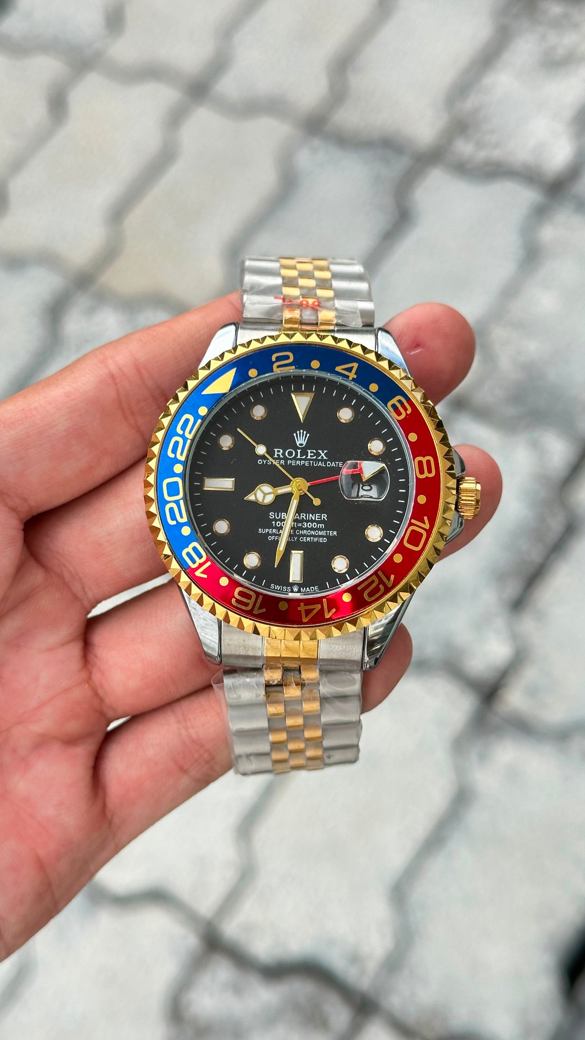 Rolex GMT-Master II Black Dial Blue & Red Bezel Two-Tone Bracelet Watch