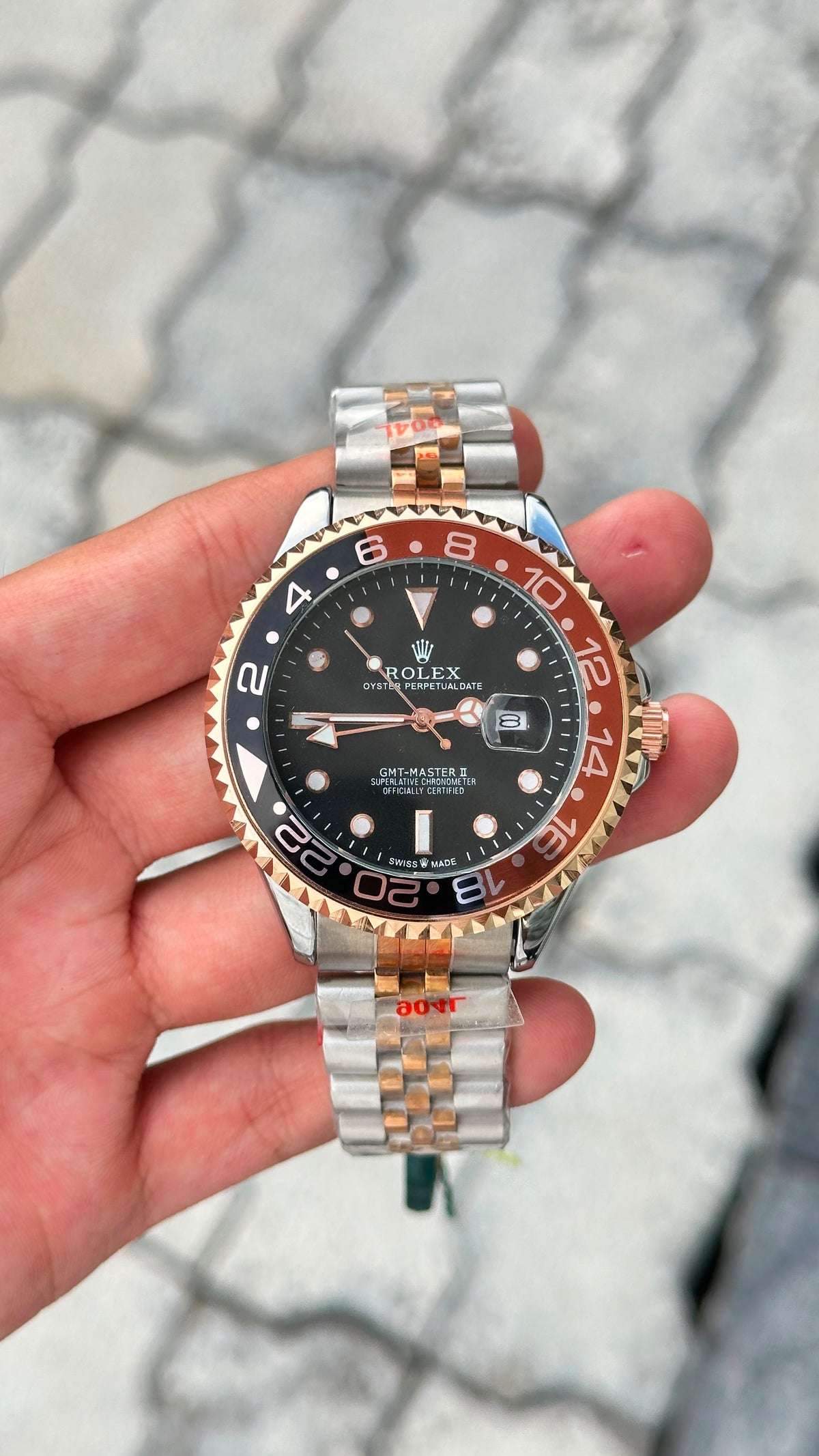 Rolex GMT-Master II Black Dial Black & Red Bezel Two-Tone Bracelet Watch