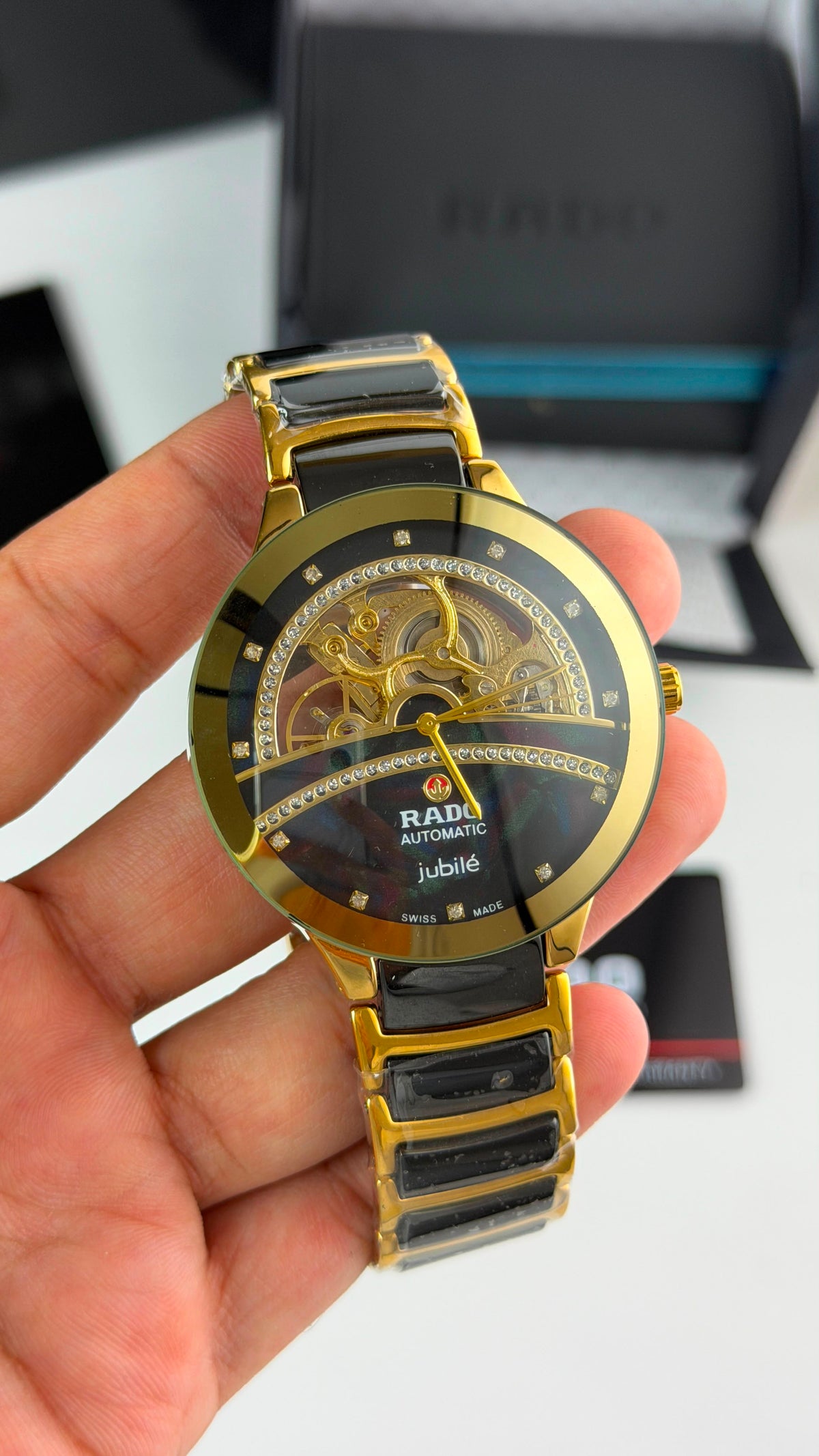 Rado Jubile Black Dial with Gold Ring Gold & Black Bracelet Automatic Watch