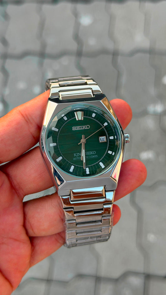 Seiko King Seiko Green Bezel Silver Bracelet Watch