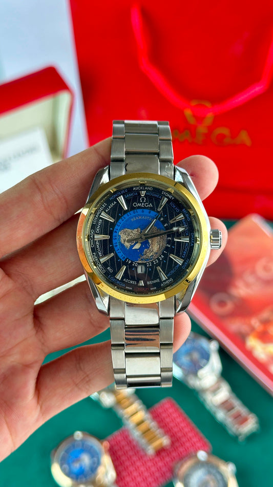 Omega Worldtimer Black Dial Gold Bezel Silver Bracelet Watch