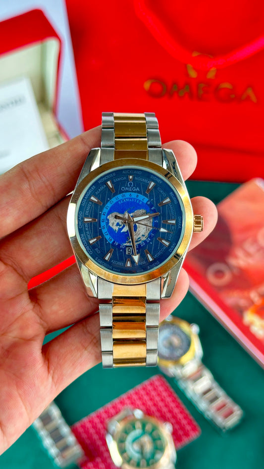 Omega Worldtimer Blue Dial Rose Gold Bezel Two-Tone Bracelet Watch