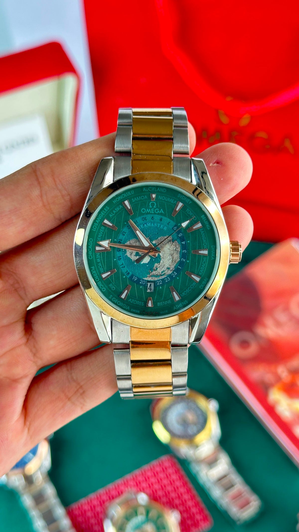 Omega Worldtimer Green Dial Rose Gold Bezel Two-Tone Bracelet Watch