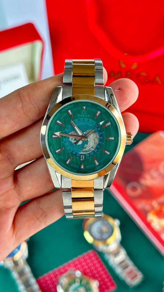 Omega Worldtimer Green Dial Rose Gold Bezel Two-Tone Bracelet Watch
