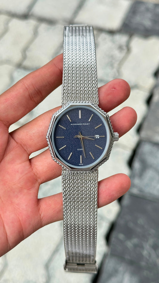 Audemars Piguet Blue Dial Silver Bezel Silver Mesh Bracelet Watch