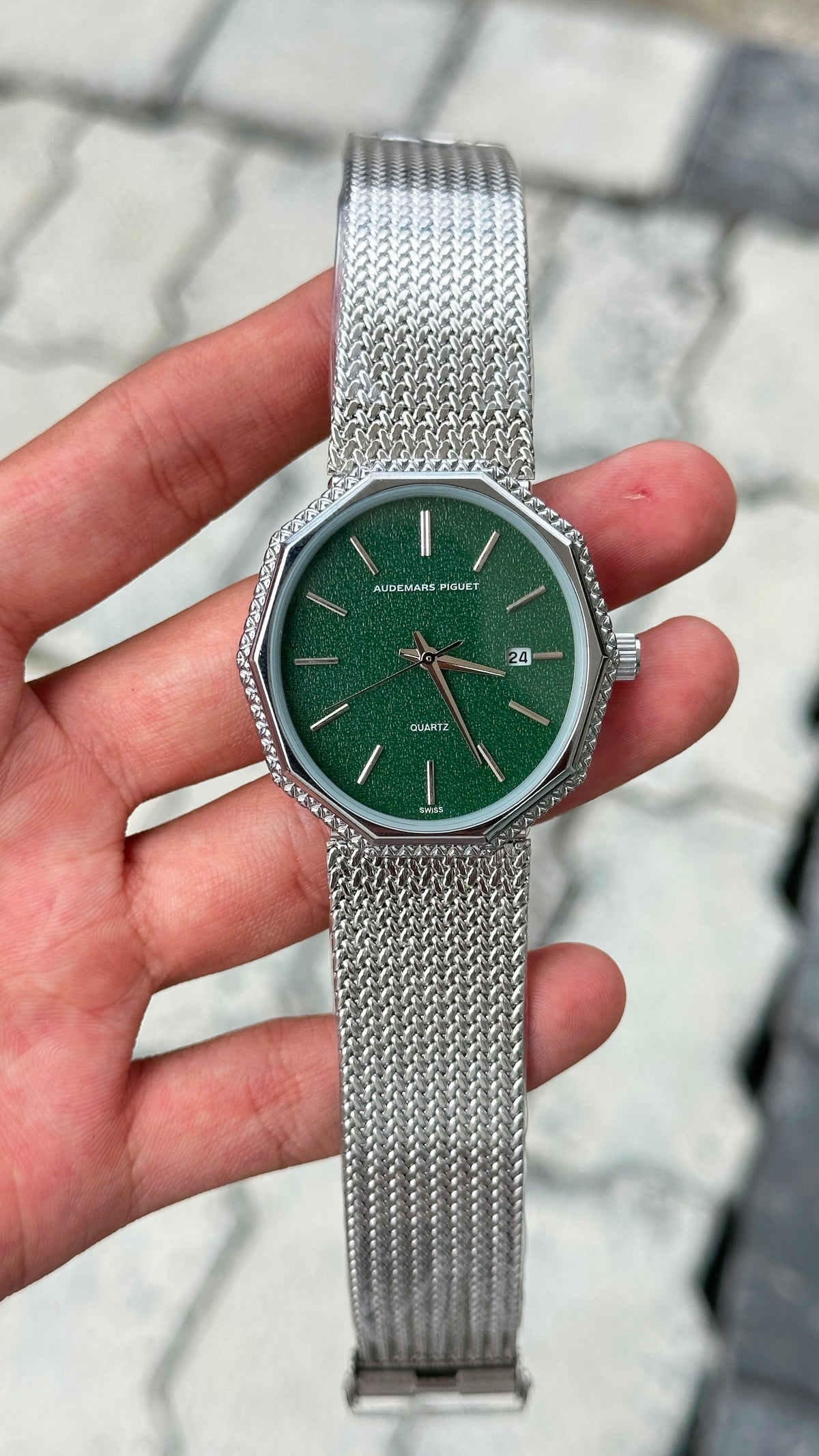 Audemars Piguet Green Dial Silver Bezel Silver Mesh Bracelet Watch