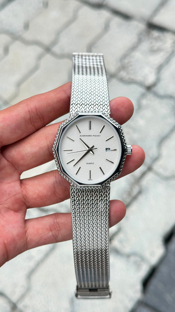 Audemars Piguet White Dial Silver Bezel Silver Mesh Bracelet Watch