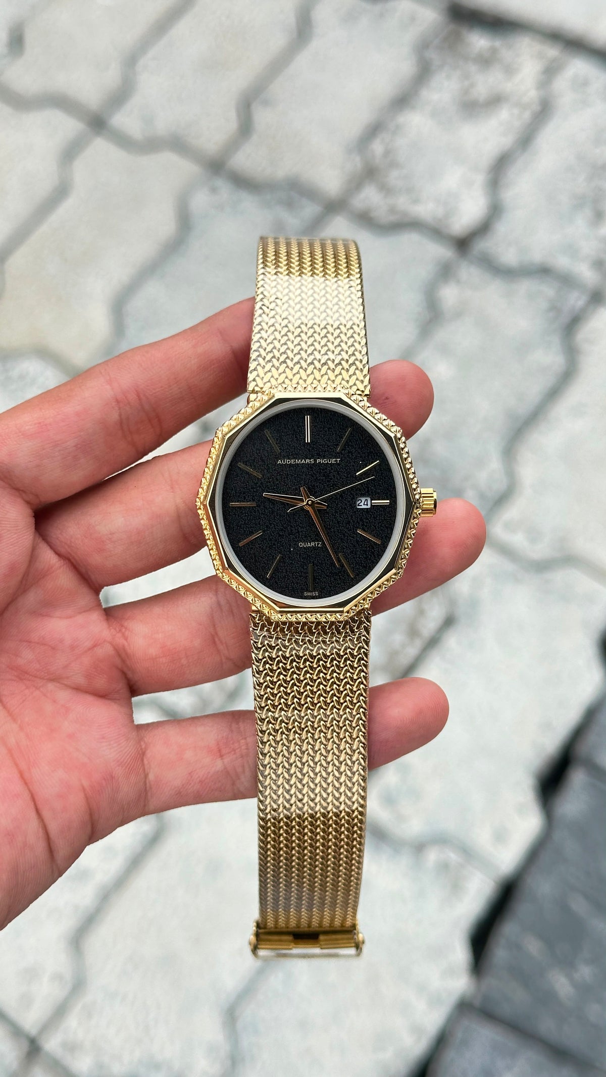 Audemars Piguet Black Dial Gold Bezel Silver Mesh Bracelet Watch