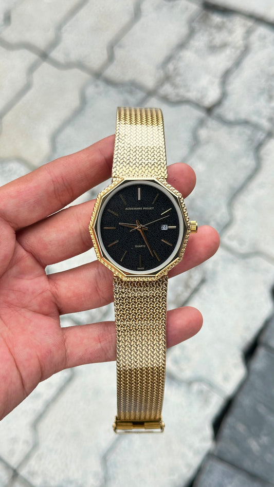Audemars Piguet Black Dial Gold Bezel Silver Mesh Bracelet Watch