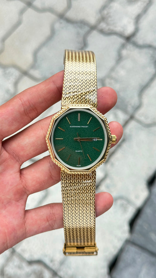 Audemars Piguet Green Dial Gold Bezel Silver Mesh Bracelet Watch