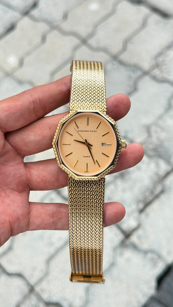 Audemars Piguet Gold Dial Gold Bezel Silver Mesh Bracelet Watch