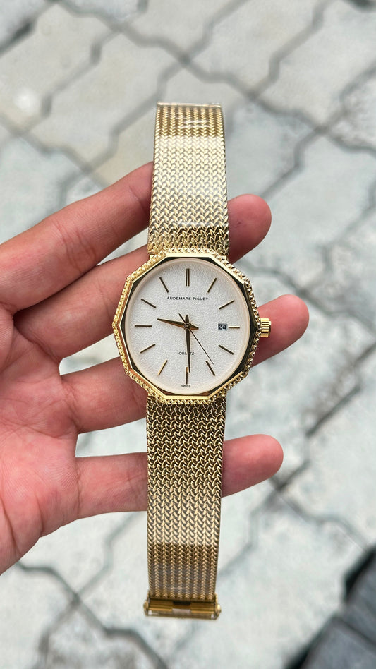 Audemars Piguet White Dial Gold Bezel Silver Mesh Bracelet Watch