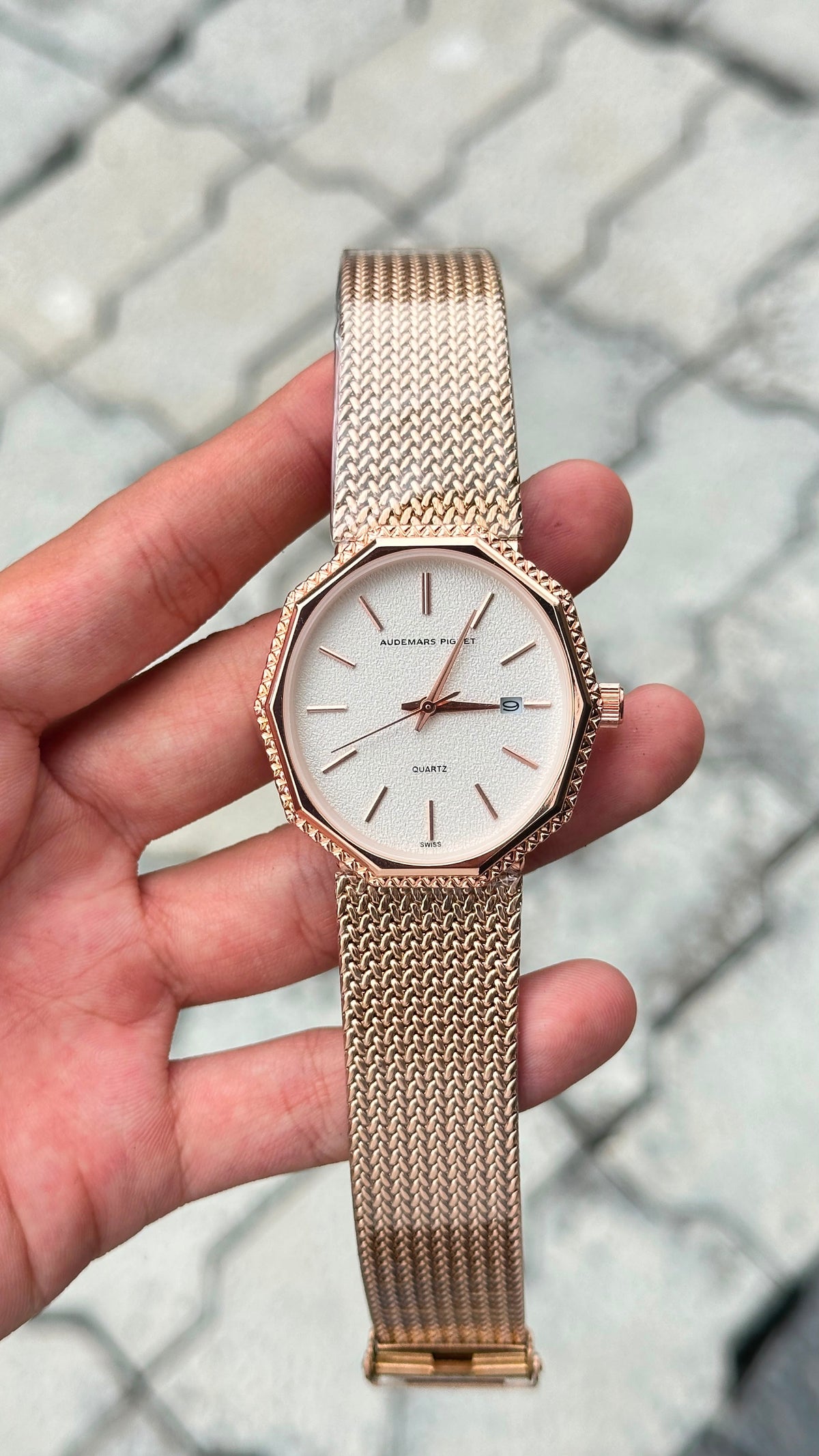 Audemars Piguet White Dial Rose Gold Bezel Silver Mesh Bracelet Watch