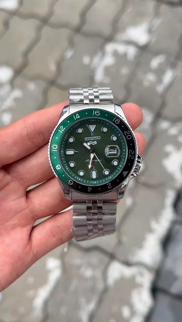 Seiko 5 Sports Green Dial Green Bezel Silver Watch