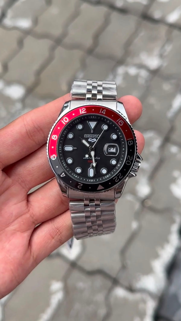 Seiko 5 Sports Black Dial Black & Dark Red Bezel Silver Watch