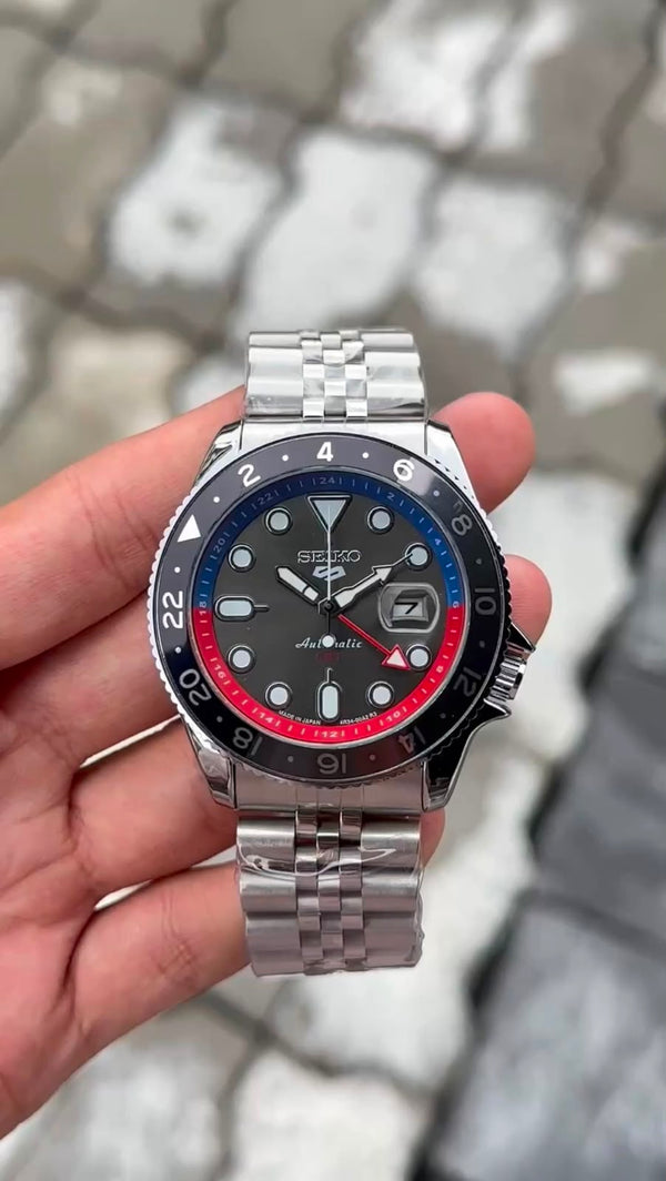 Seiko 5 Sports Black Dial Black & Red & Blue Bezel Silver Watch