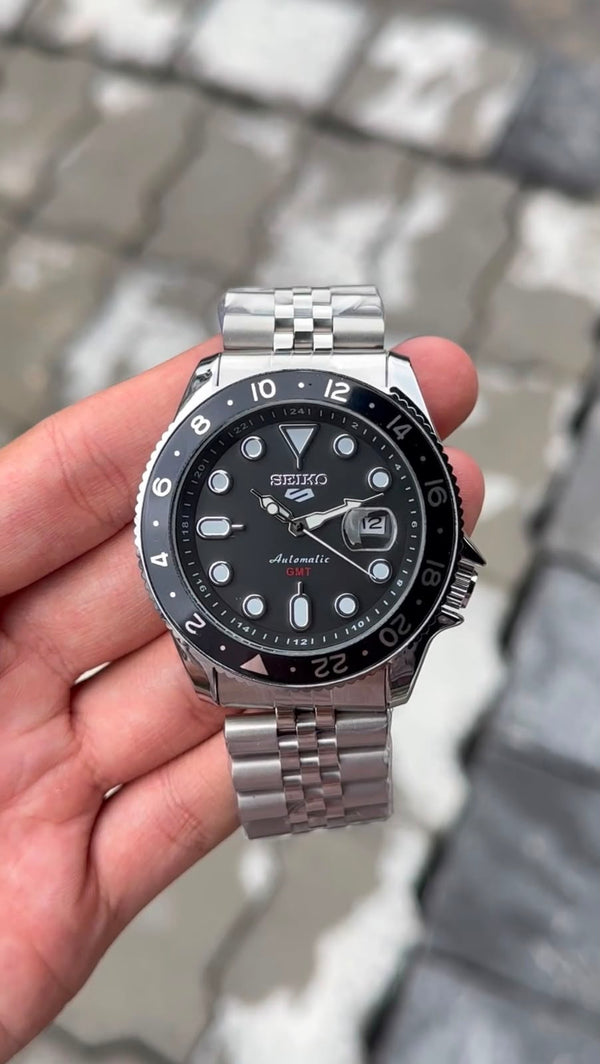 Seiko 5 Sports Black Dial Black Bezel Silver Watch
