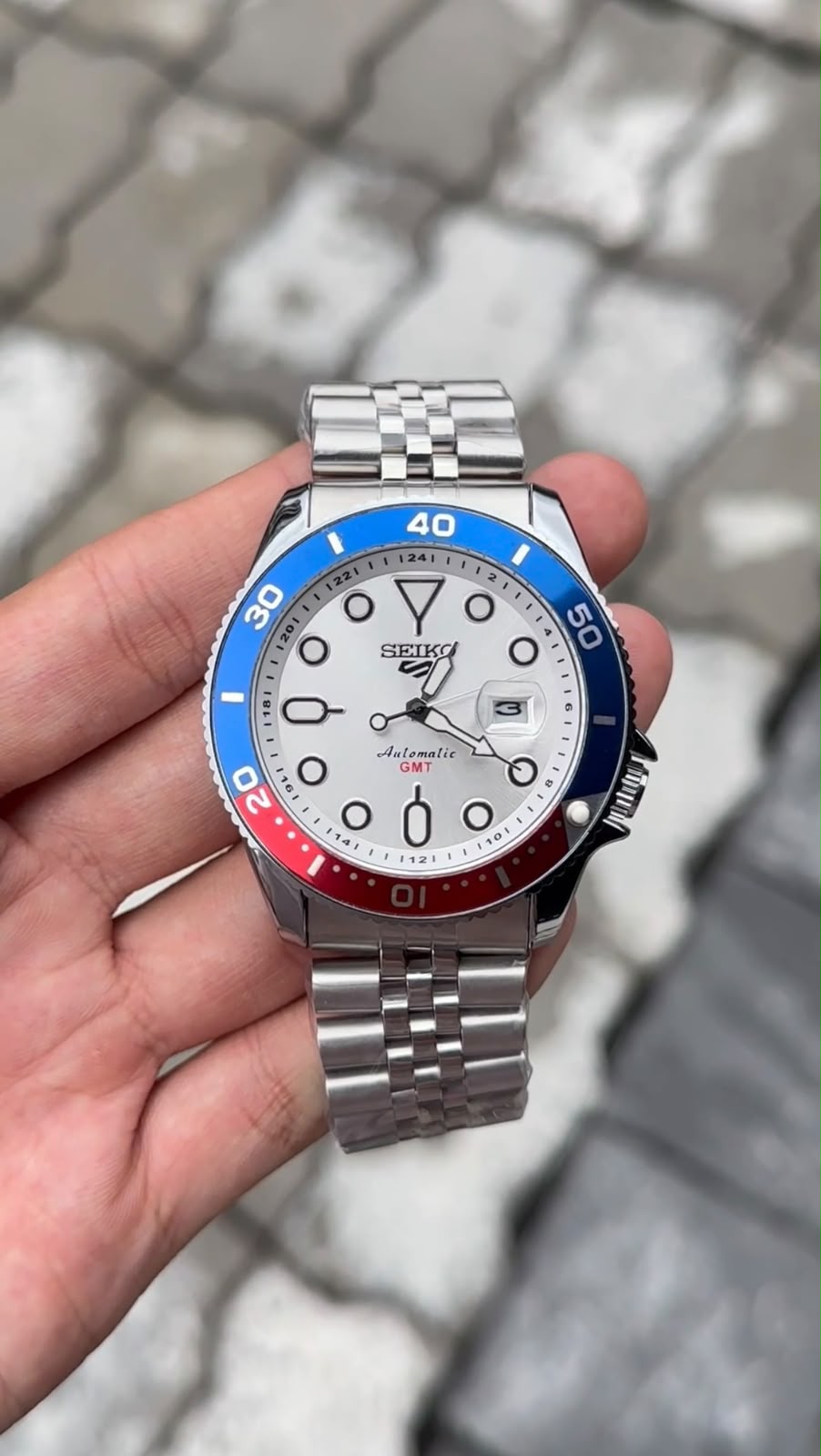 Seiko 5 Sports White Dial Blue & Red Bezel Silver Watch