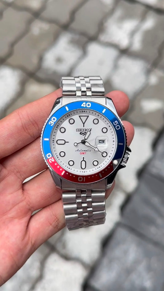 Seiko 5 Sports White Dial Blue & Red Bezel Silver Watch