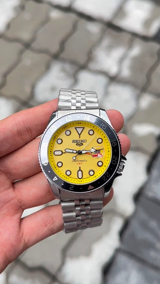 Seiko 5 Sports Yellow Dial Black Bezel Silver Watch