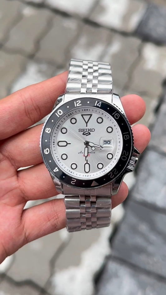 Seiko 5 Sports Silver Dial Black Bezel Silver Watch