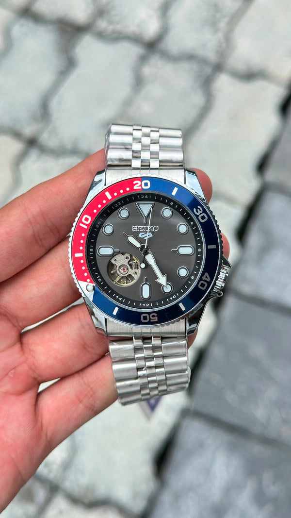 Seiko 5 Sports Black Dial Dark Blue & Red Bezel Silver Watch