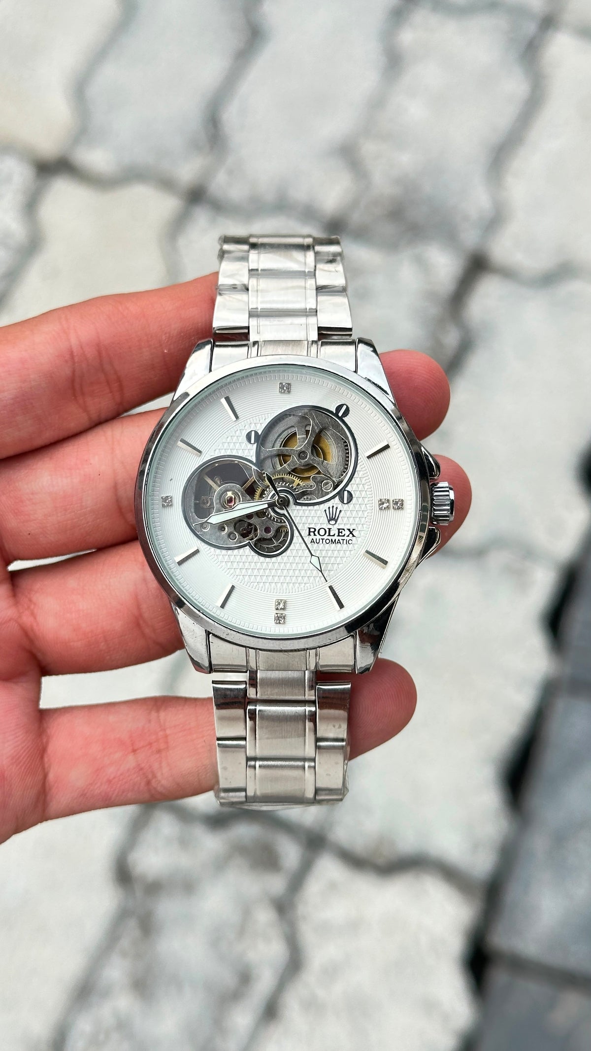 Rolex White Dial Silver Skeleton Automatic Silver Bracelet Watch