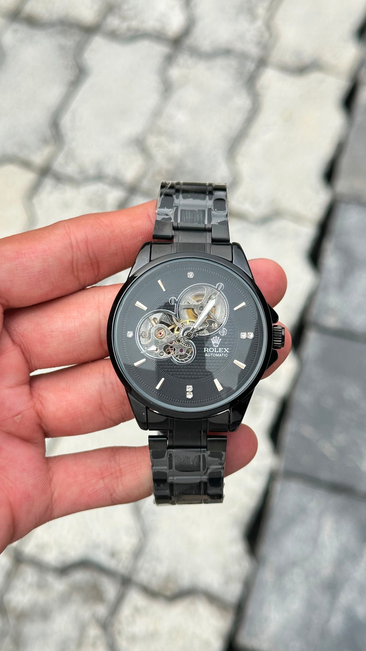 Rolex Black Dial Silver Skeleton Automatic Black Bracelet Watch