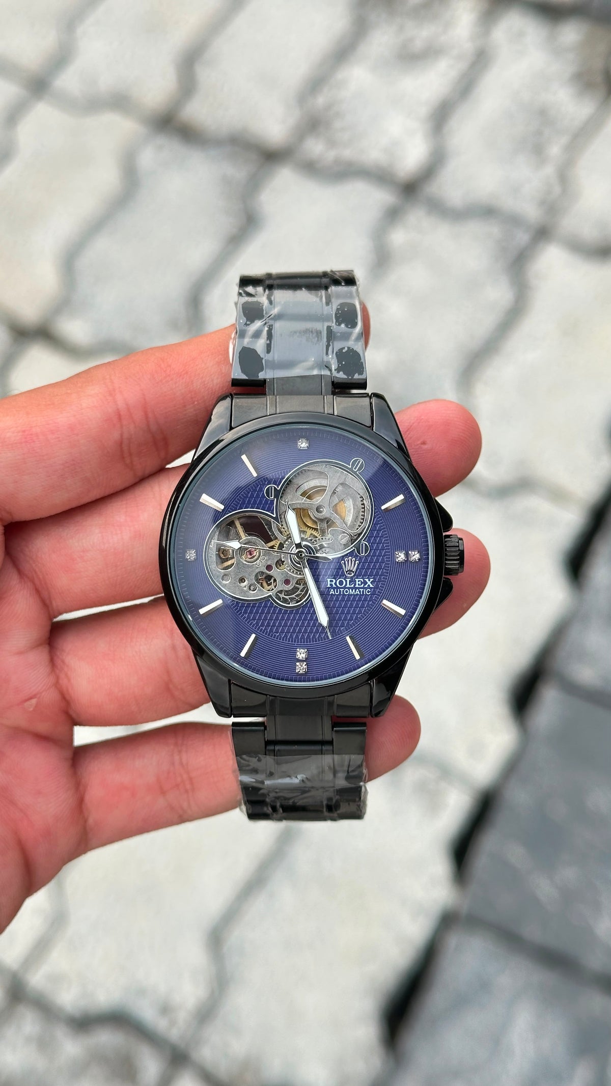Rolex Blue Dial Silver Skeleton Automatic Black Bracelet Watch