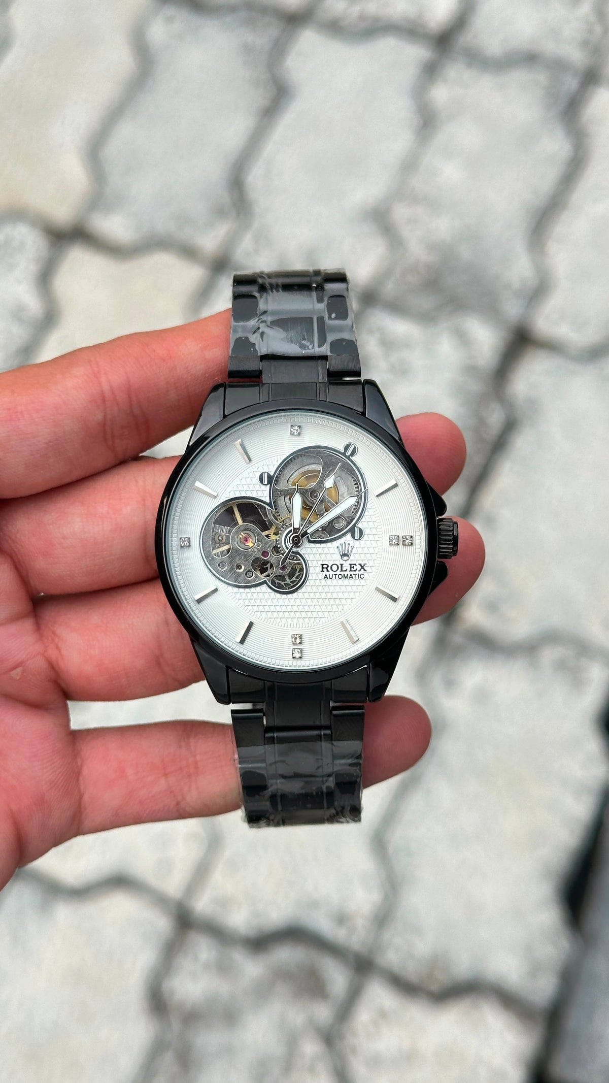 Rolex White Dial Silver Skeleton Automatic Black Bracelet Watch