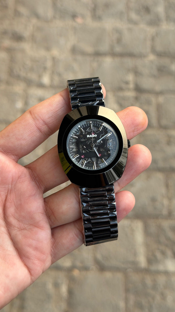 Rado Black Dial Black Bezel Skeleton Automatic Black Bracelet Watch