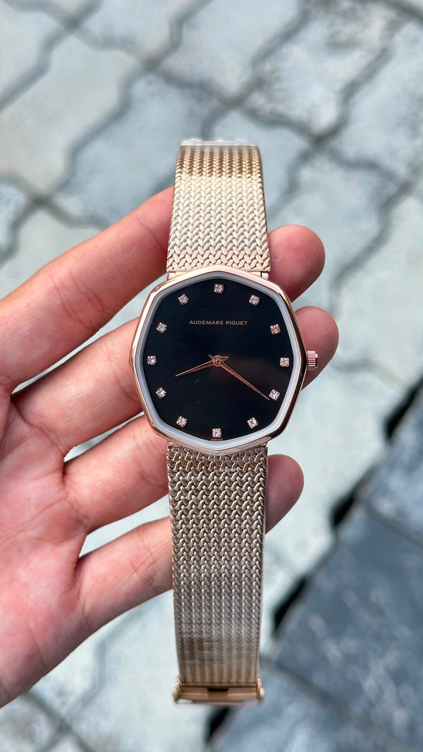 Audemars Piguet Black Dial Rose Gold Bezel Watch